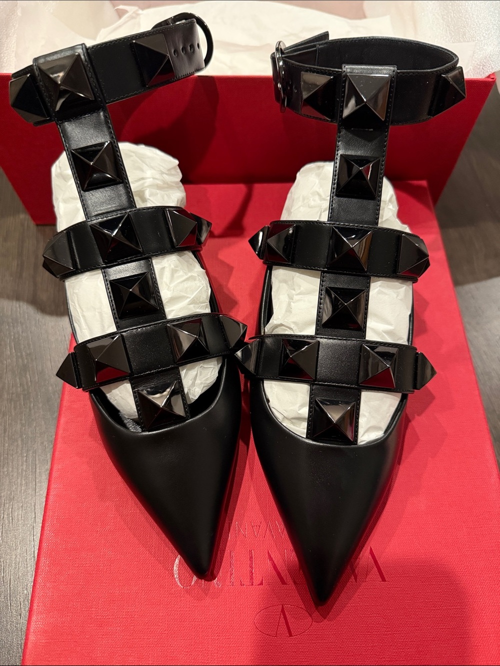 Valentino Black Leather Pointed-Toe Studded Ankle-Strap Flats